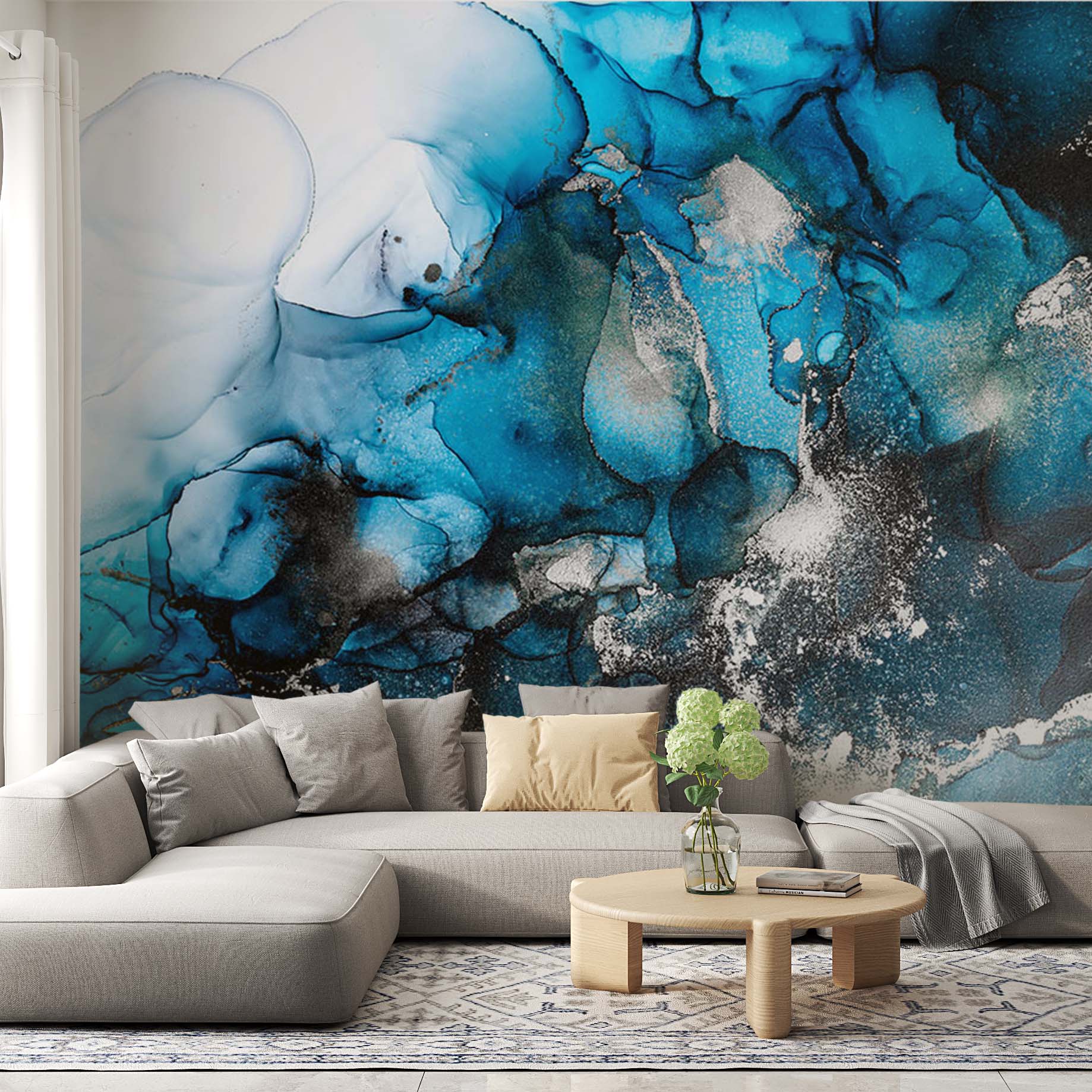 Blue Wall Mural Aqva Art Glittered Abstract Purple Liquid Ink Wallpaper