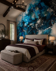 Blue alcohol ink wallpaper in a designer bedroom.