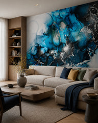 Blue alcohol ink wallpaper in a designer living room.