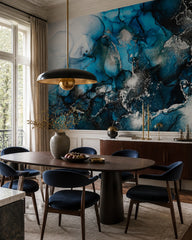 Blue alcohol ink wallpaper in a refined dining area.