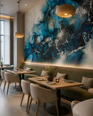 Blue alcohol ink wallpaper in a restaurant.
