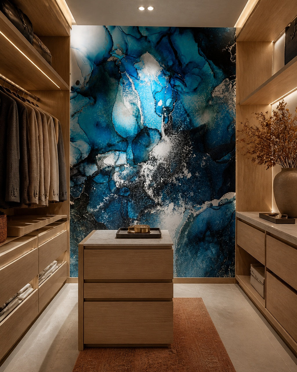 Blue alcohol ink wallpaper in a walk-in wardrobe.
