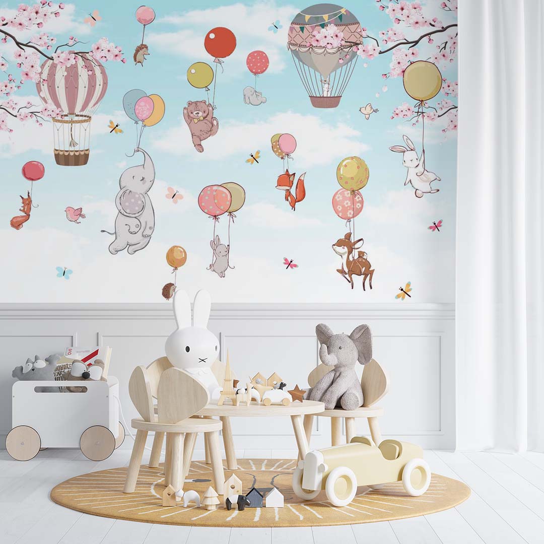 Kids Wall Mural Cartoon Animals Hot Air Balloons Woodland Nursery Wallpaper