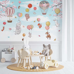 Custom "Kids Wall Mural Cartoon Animals Hot Air Balloons Woodland Nursery Wallpaper "