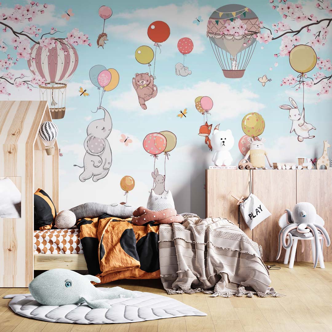 Kids Wall Mural Cartoon Animals Hot Air Balloons Woodland Nursery Wallpaper