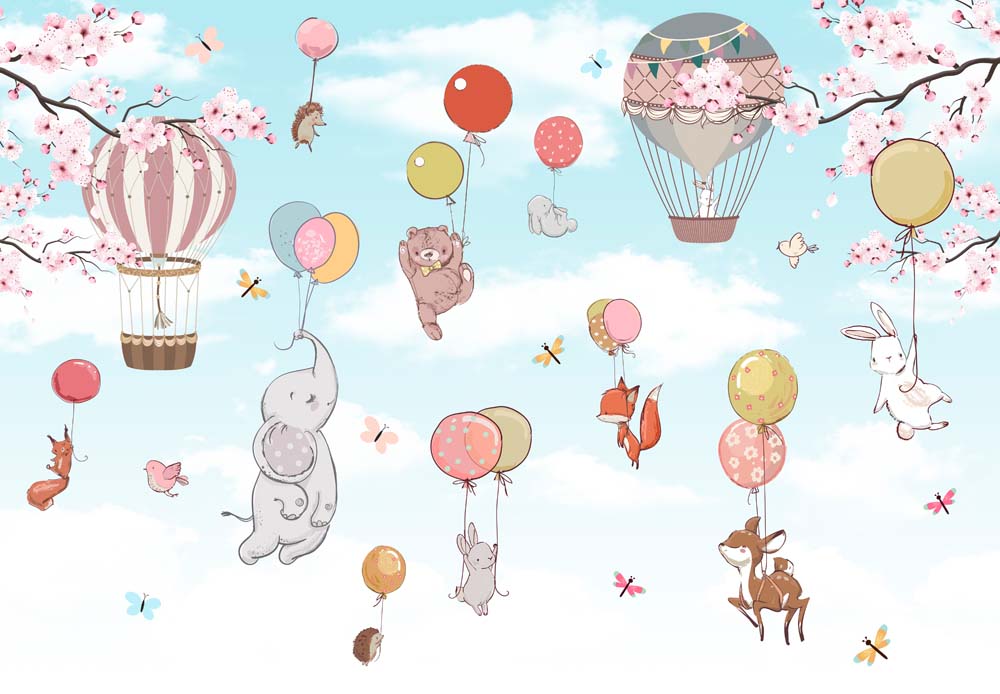 Papier peint animaux de la forêt et ballons – Papier peint panoramique éléphants et renard