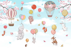 Custom "Kids Wall Mural Cartoon Animals Hot Air Balloons Woodland Nursery Wallpaper "