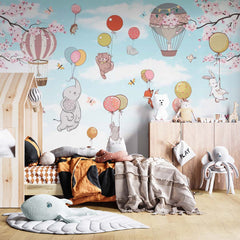 Custom "Kids Wall Mural Cartoon Animals Hot Air Balloons Woodland Nursery Wallpaper "