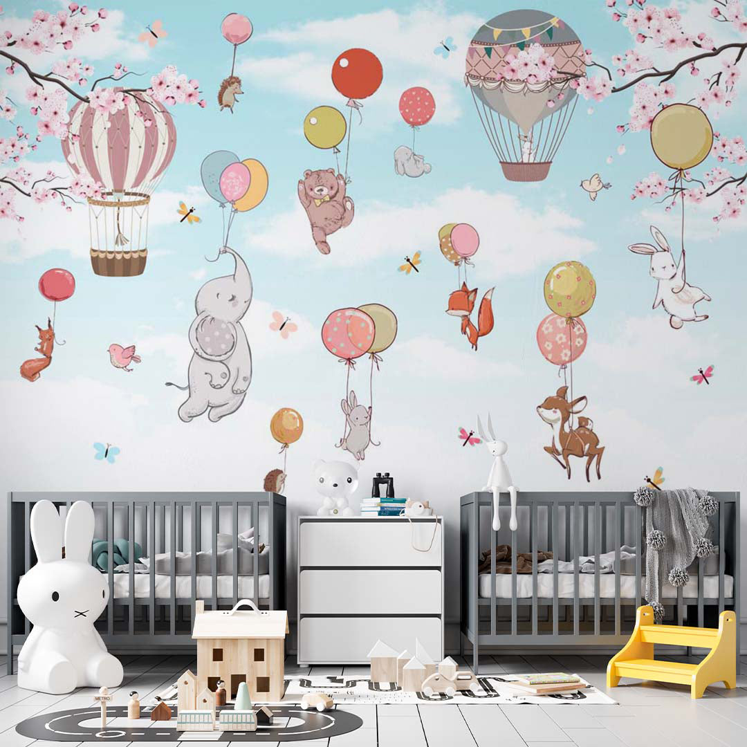 Kids Wall Mural Cartoon Animals Hot Air Balloons Woodland Nursery Wallpaper