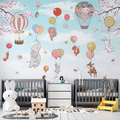 Custom "Kids Wall Mural Cartoon Animals Hot Air Balloons Woodland Nursery Wallpaper "