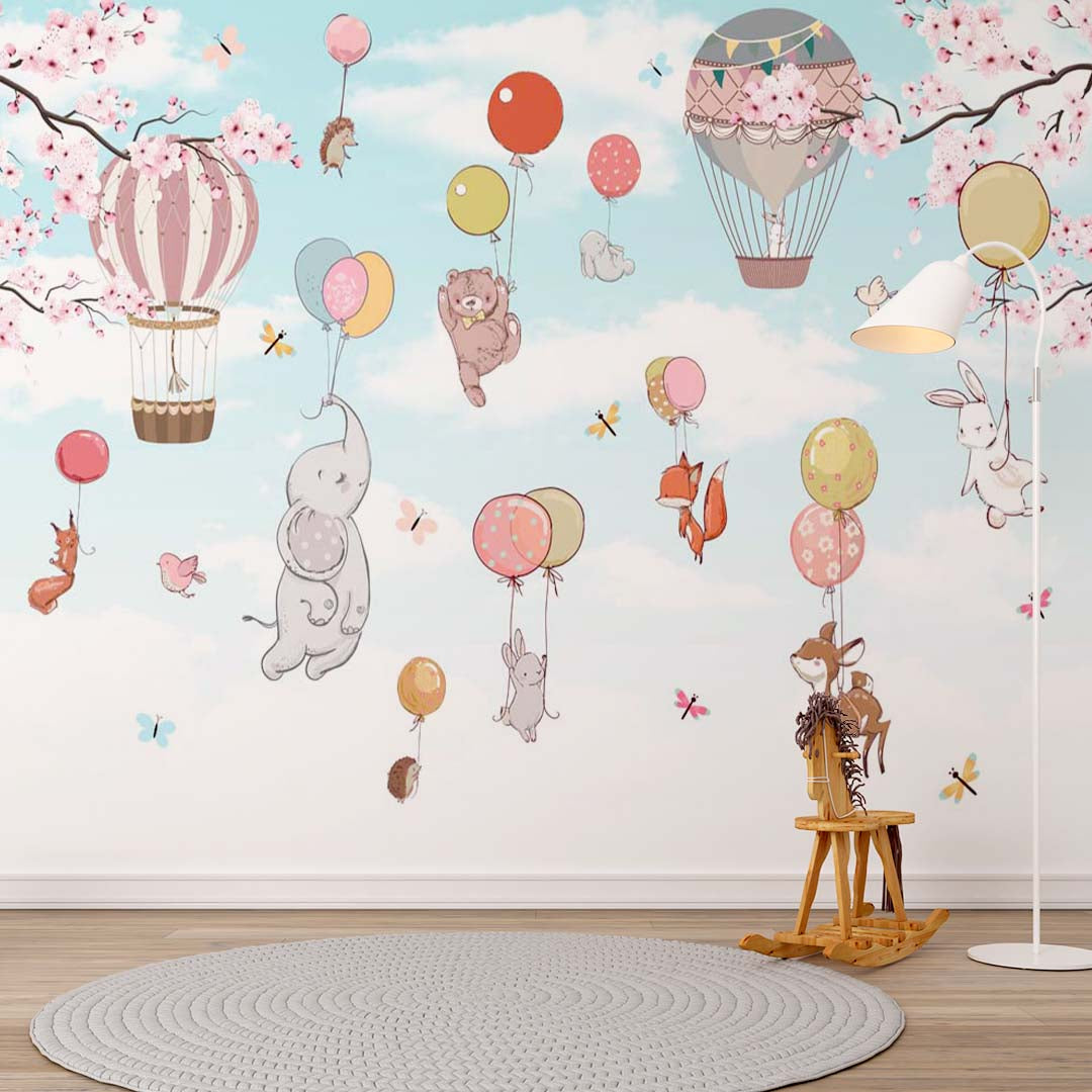 Kids Wall Mural Cartoon Animals Hot Air Balloons Woodland Nursery Wallpaper