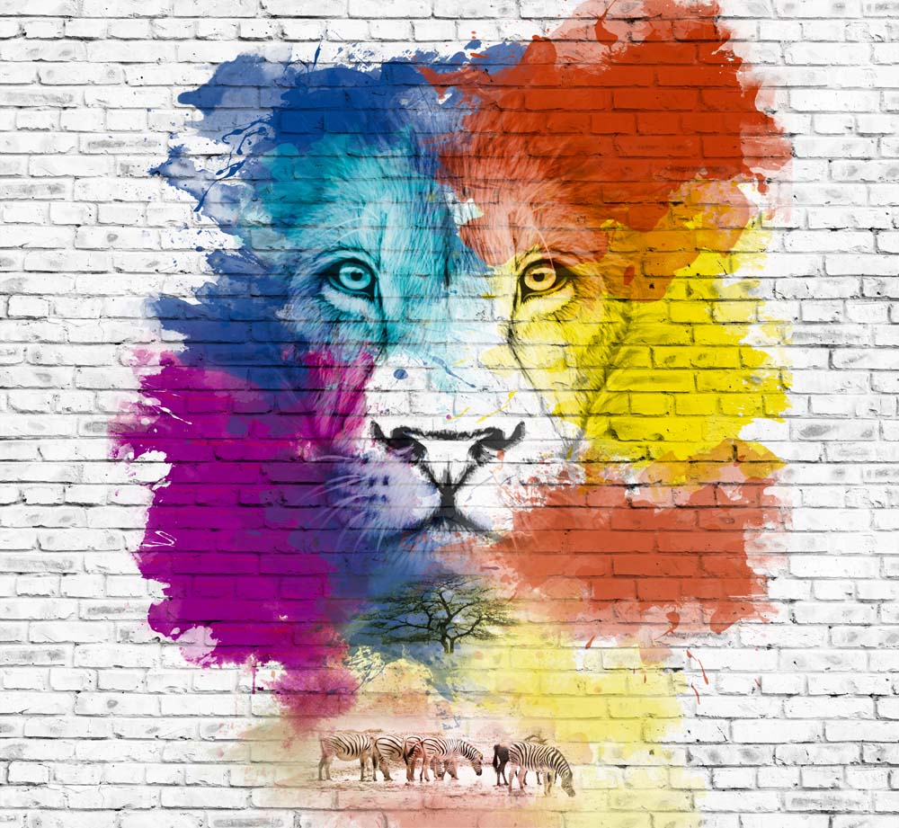 Lion Head Wall Mural Colorful Savannah Brick Wall Wallpaper