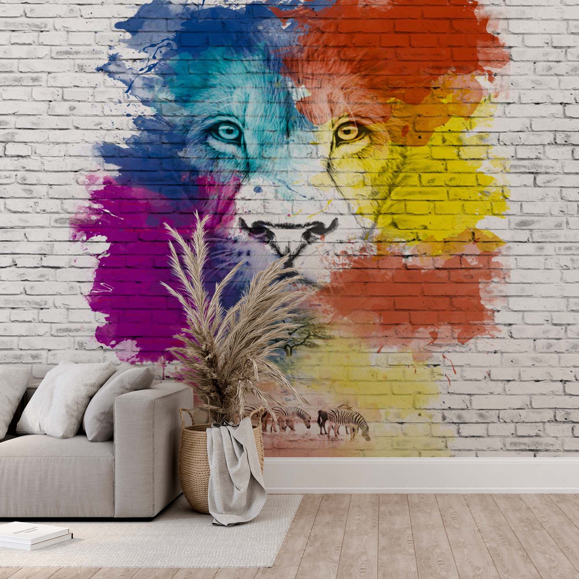 Lion Head Wall Mural Colorful Savannah Brick Wall Wallpaper