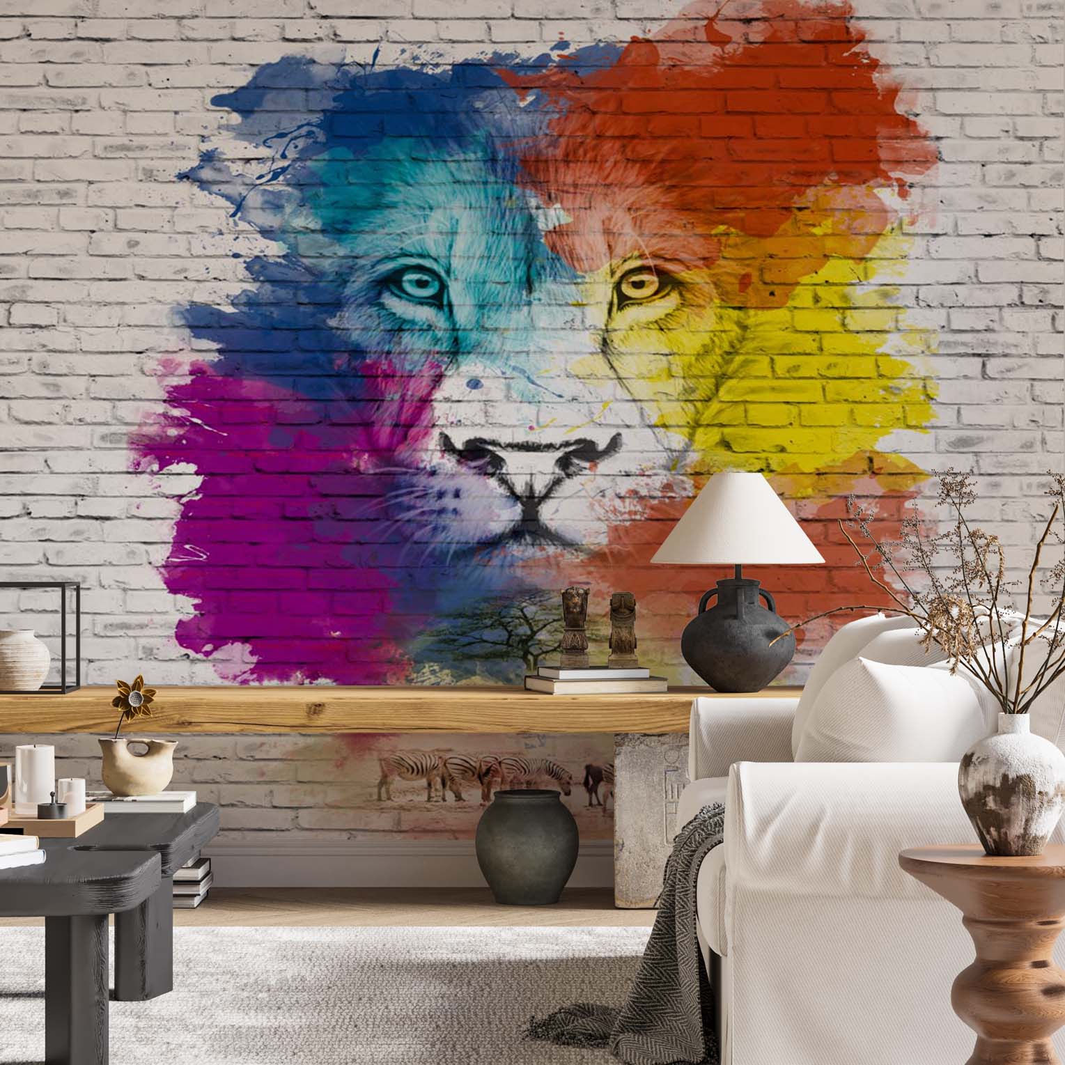 Lion Head Wall Mural Colorful Savannah Brick Wall Wallpaper