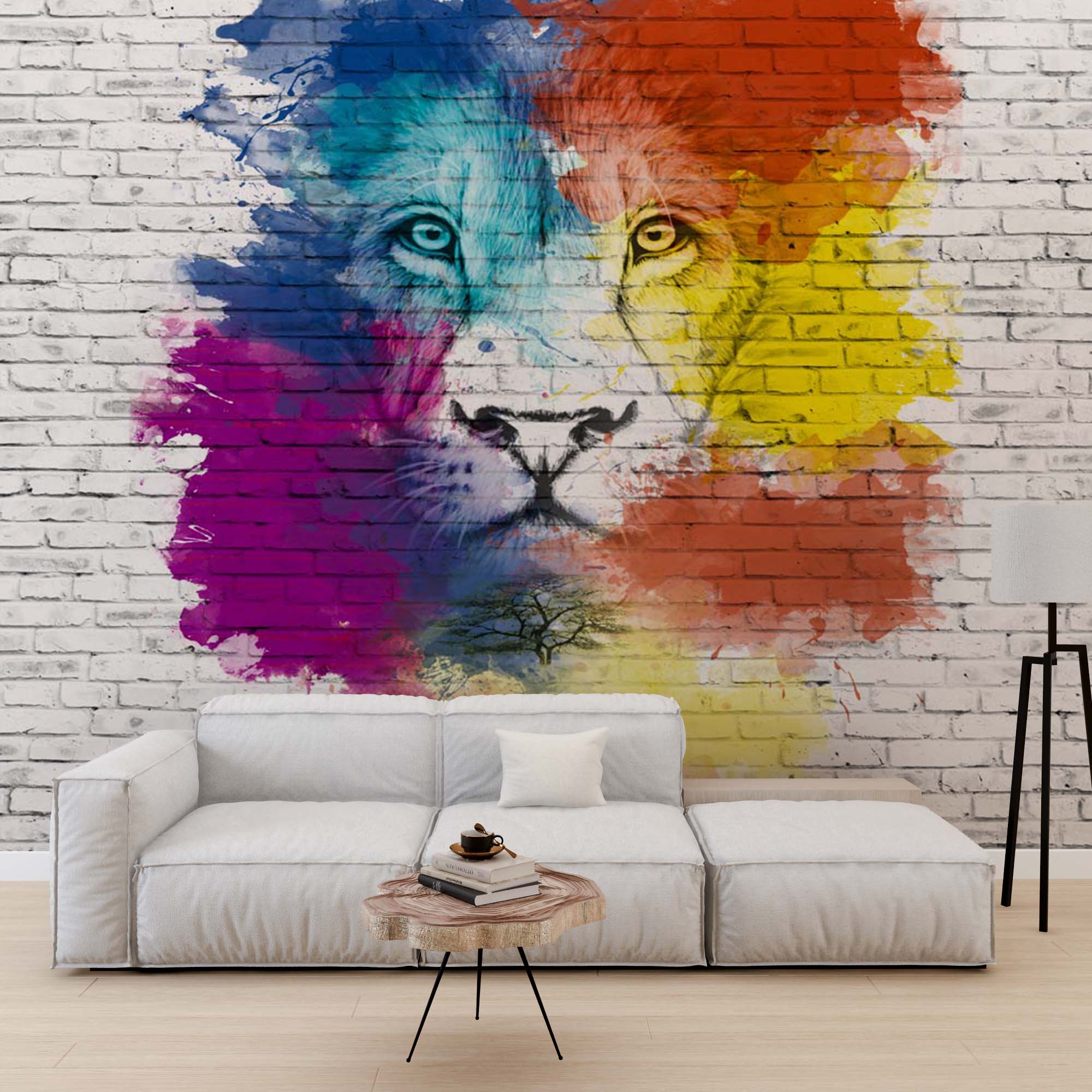 Lion Head Wall Mural Colorful Savannah Brick Wall Wallpaper