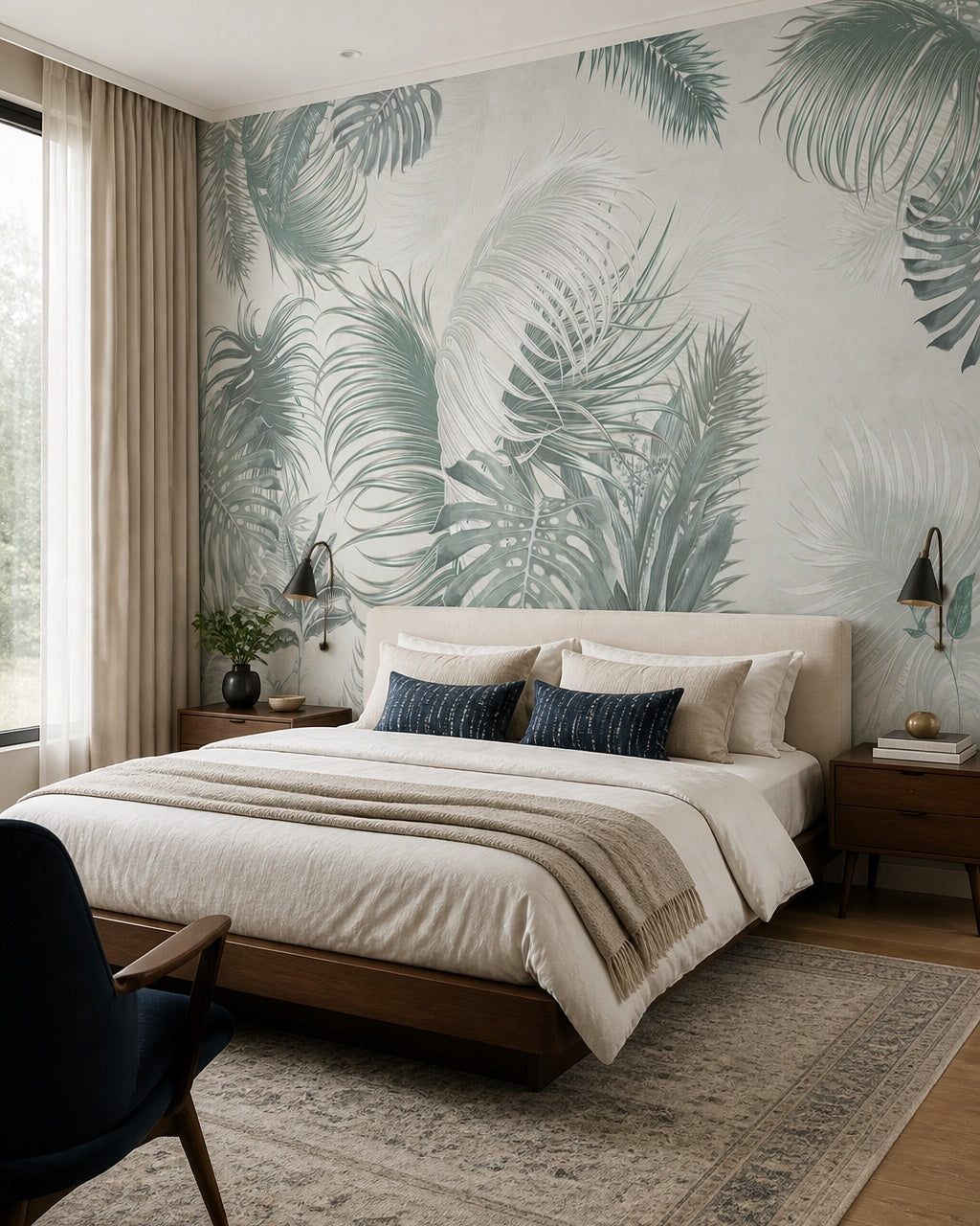 Soft green palm leaves wallpaper in a designer bedroom.