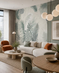 Soft green palm leaves wallpaper in a designer living room.