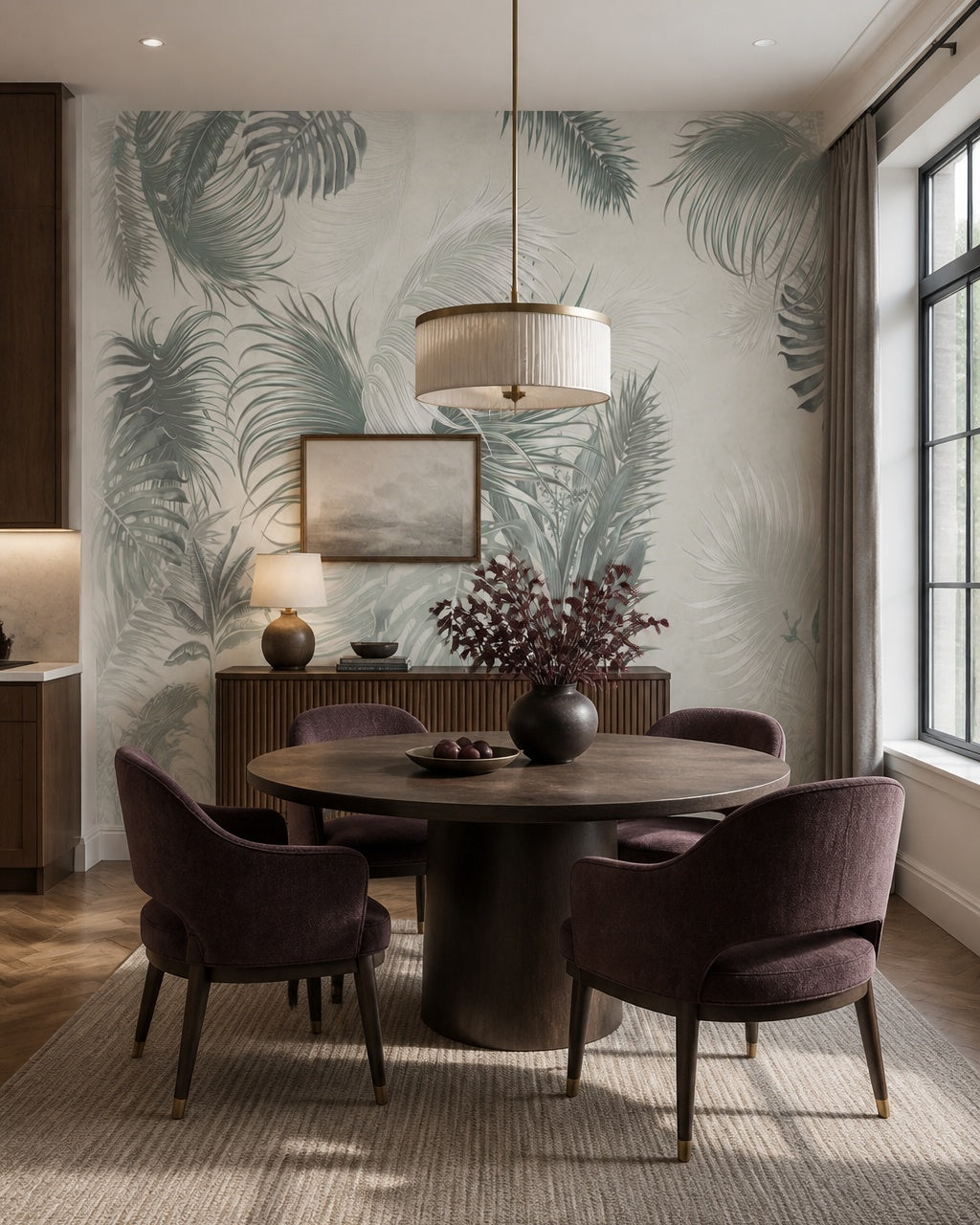 Soft green palm leaves wallpaper in a refined dining area.