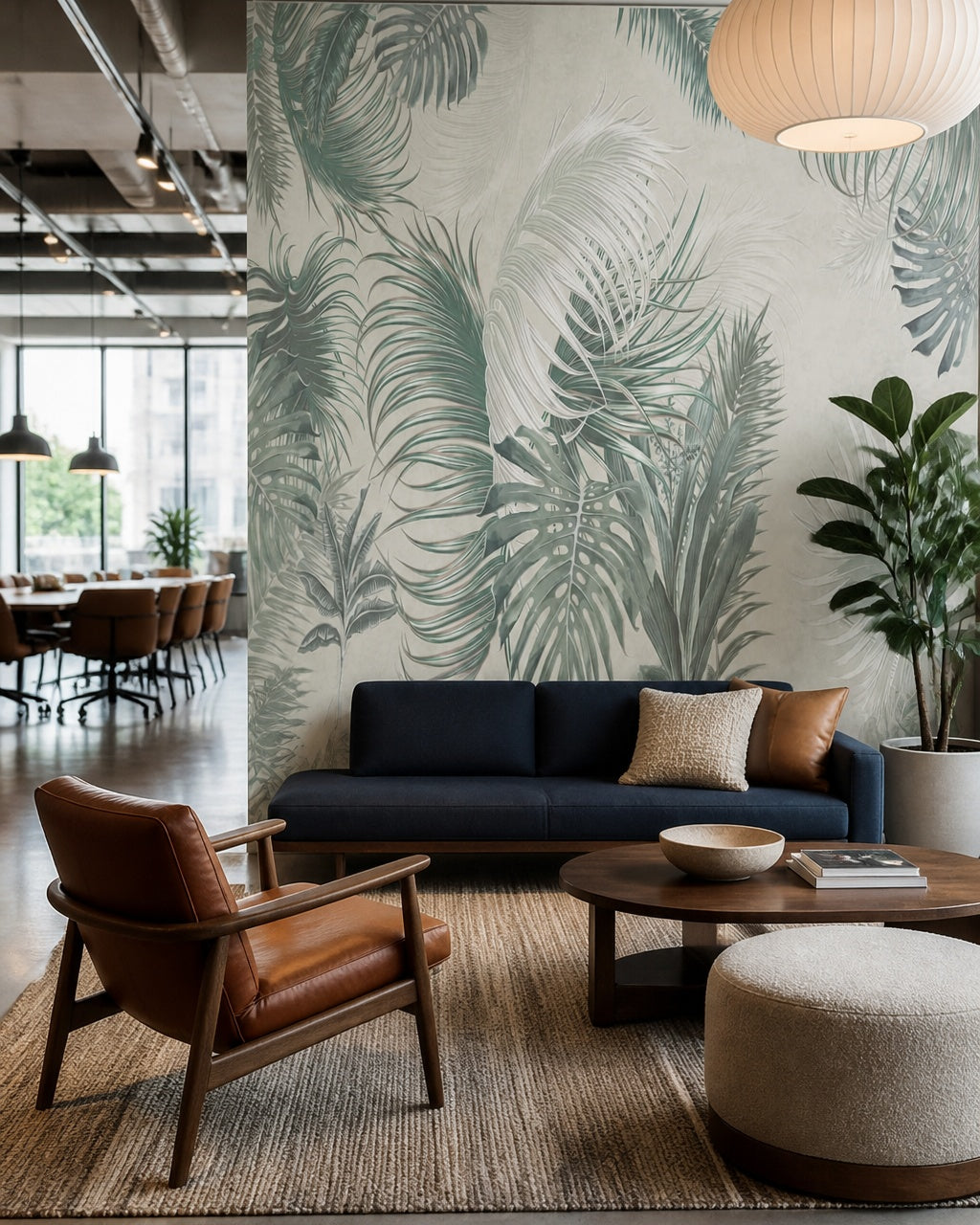 Soft green palm leaves wallpaper in a creative office lounge.