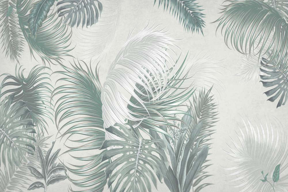 Papier peint feuilles de palmier vert doux – Papier peint panoramique tropical à l’aquarelle sauge