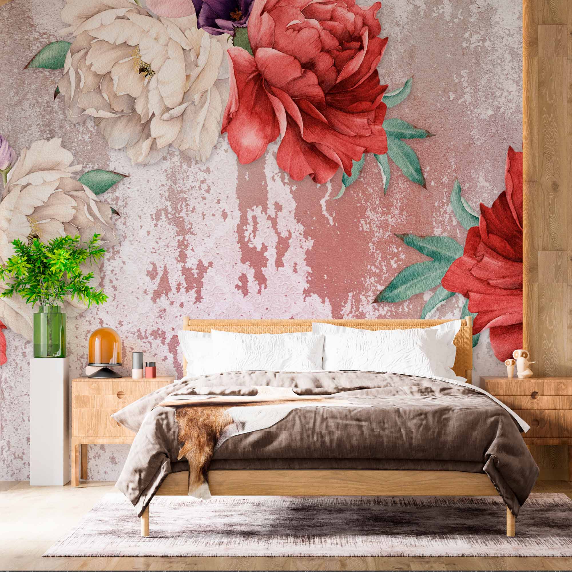 Vintage Floral Wall Mural with Red and Pink Peonies on Textured Background