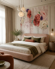 Vintage red peonies wallpaper in a designer bedroom.