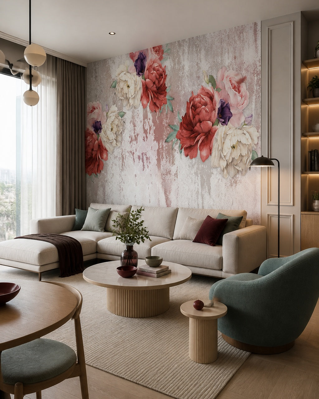 Vintage red peonies wallpaper in a designer living room.