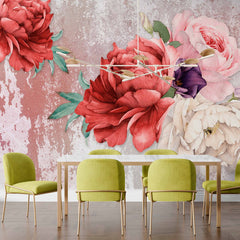 Custom Vintage Floral Wall Mural with Red and Pink Peonies on Textured Background
