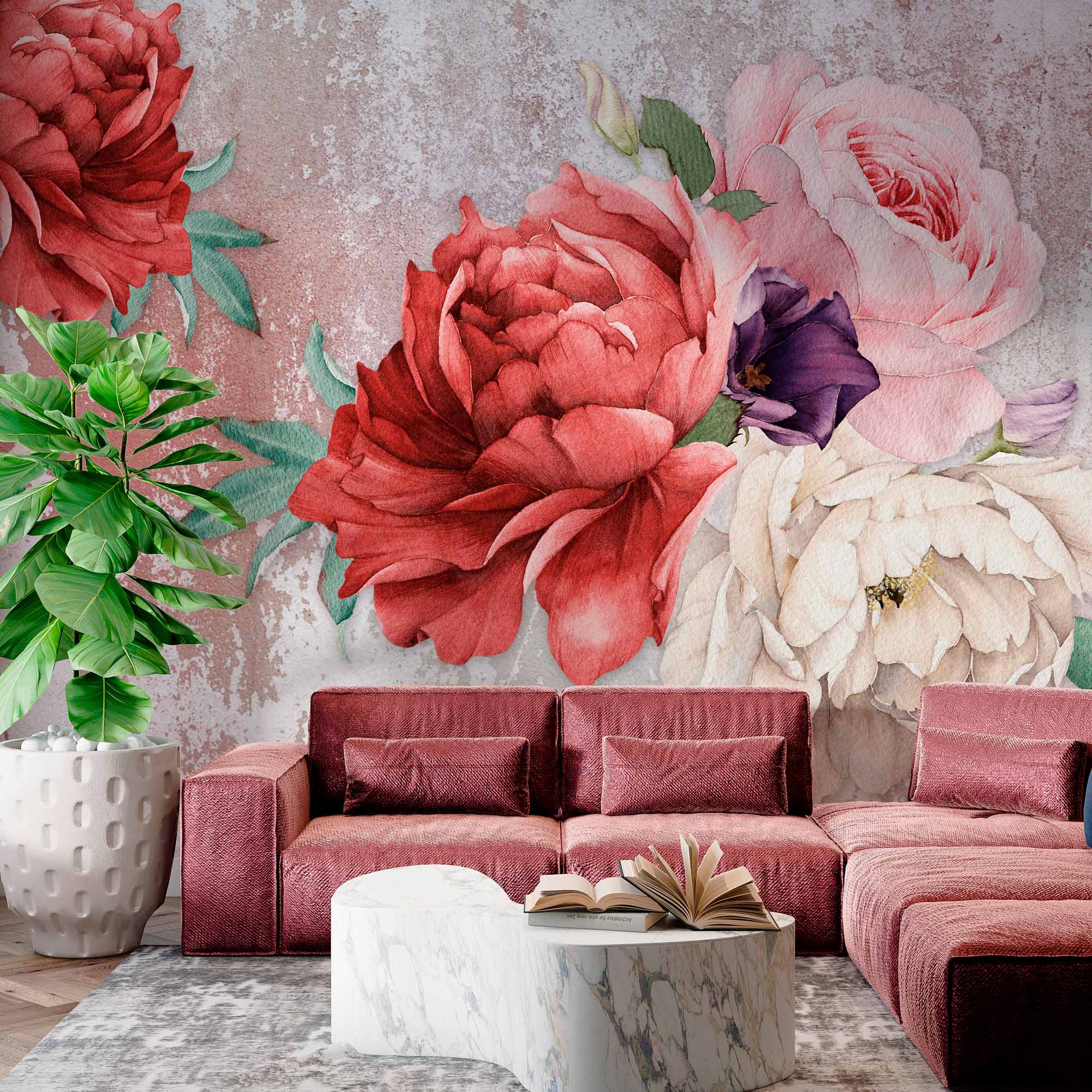 Vintage Floral Wall Mural with Red and Pink Peonies on Textured Background