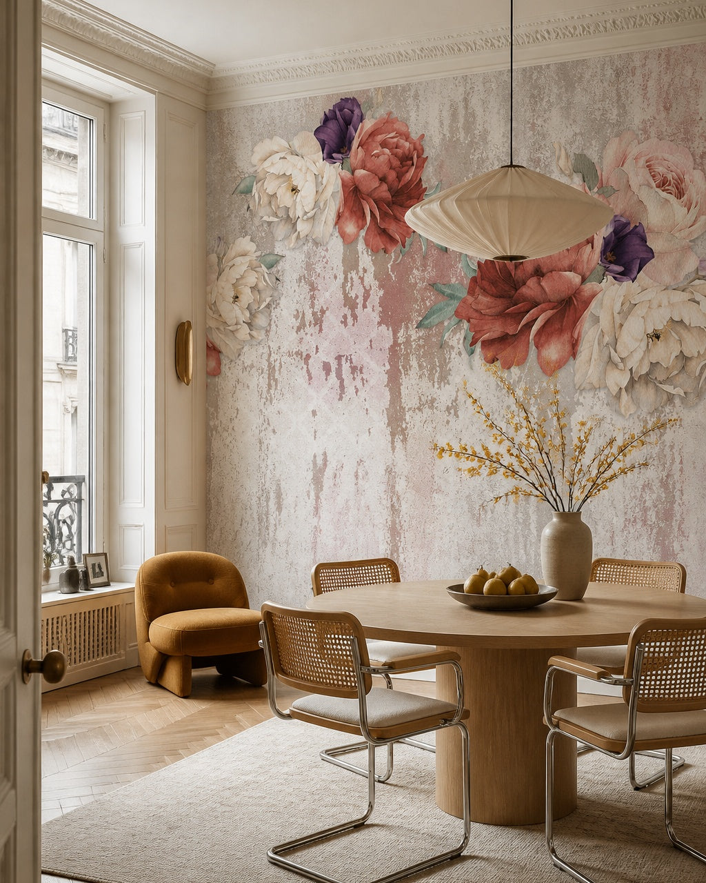 Vintage red peonies wallpaper in a refined dining area.