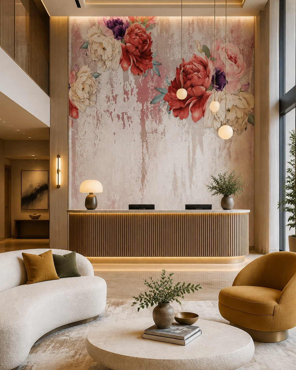 Vintage red peonies wallpaper in a boutique hotel lobby.