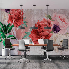 Custom Vintage Floral Wall Mural with Red and Pink Peonies on Textured Background