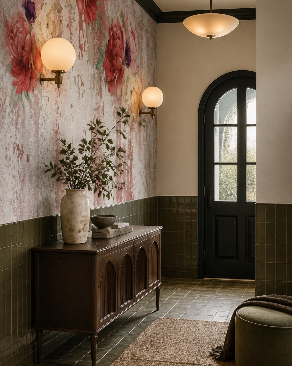 Vintage red peonies wallpaper in an architectural hallway.