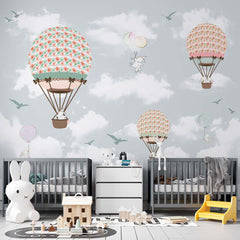 Custom Kids Wall Mural Cartoon Animals Hot Air Balloons Birds Clouds Sky Nursery Wallpaper