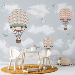 Custom Kids Wall Mural Cartoon Animals Hot Air Balloons Birds Clouds Sky Nursery Wallpaper