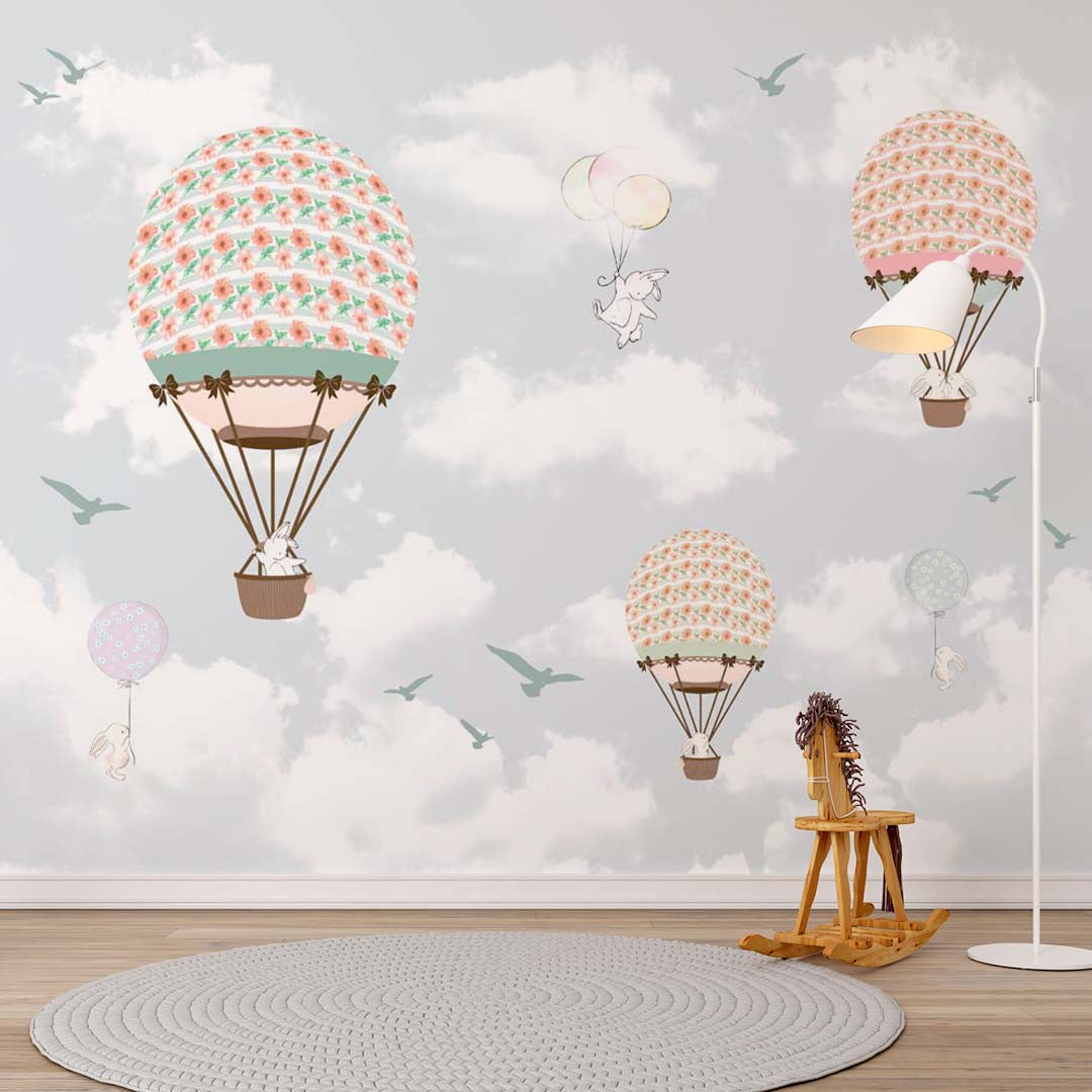 Custom Kids Wall Mural Cartoon Animals Hot Air Balloons Birds Clouds Sky Nursery Wallpaper