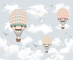 Custom Kids Wall Mural Cartoon Animals Hot Air Balloons Birds Clouds Sky Nursery Wallpaper