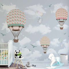 Custom Kids Wall Mural Cartoon Animals Hot Air Balloons Birds Clouds Sky Nursery Wallpaper