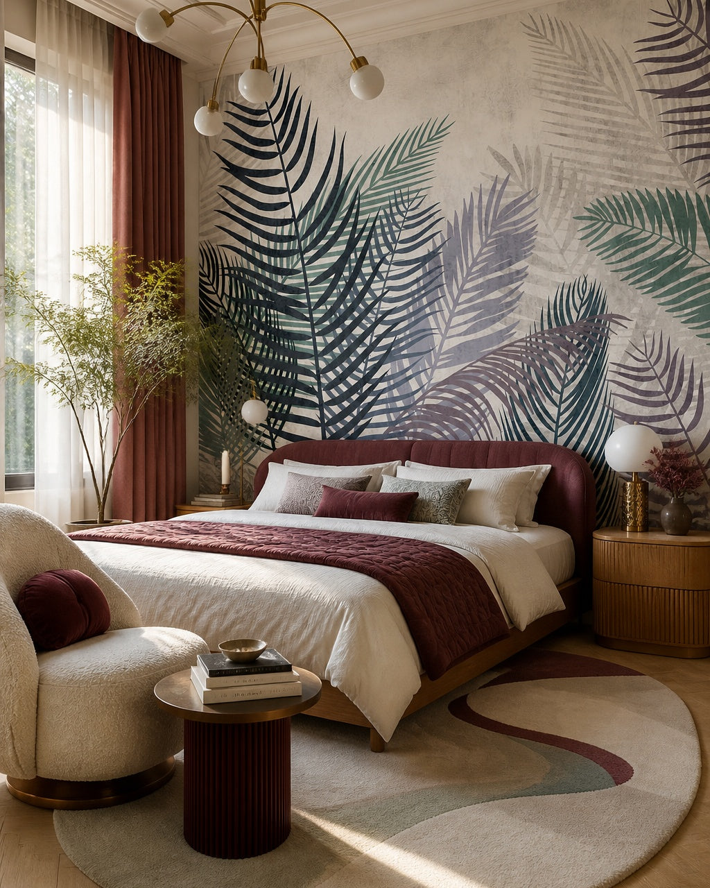 Watercolor palm fronds wallpaper in a designer bedroom.