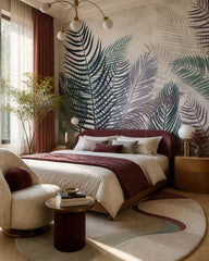 Watercolor palm fronds wallpaper in a designer bedroom.