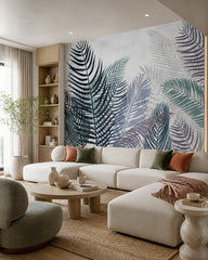 Watercolor palm fronds wallpaper in a designer living room.
