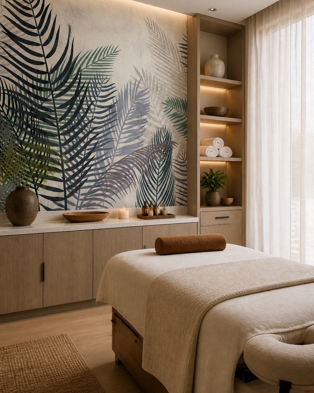 Watercolor palm fronds wallpaper in a wellness spa.