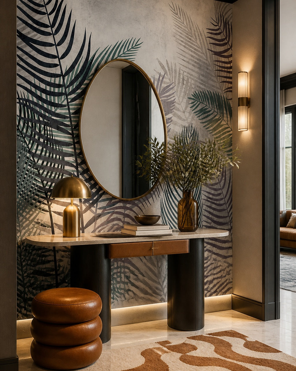 Watercolor palm fronds wallpaper in a designer entrance hall.