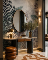 Watercolor palm fronds wallpaper in a designer entrance hall.