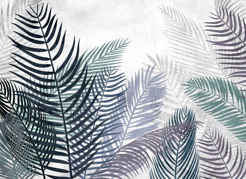 Fototapete Aquarell-Palmwedel – Tropisch in Petrol und Flieder auf Weiß