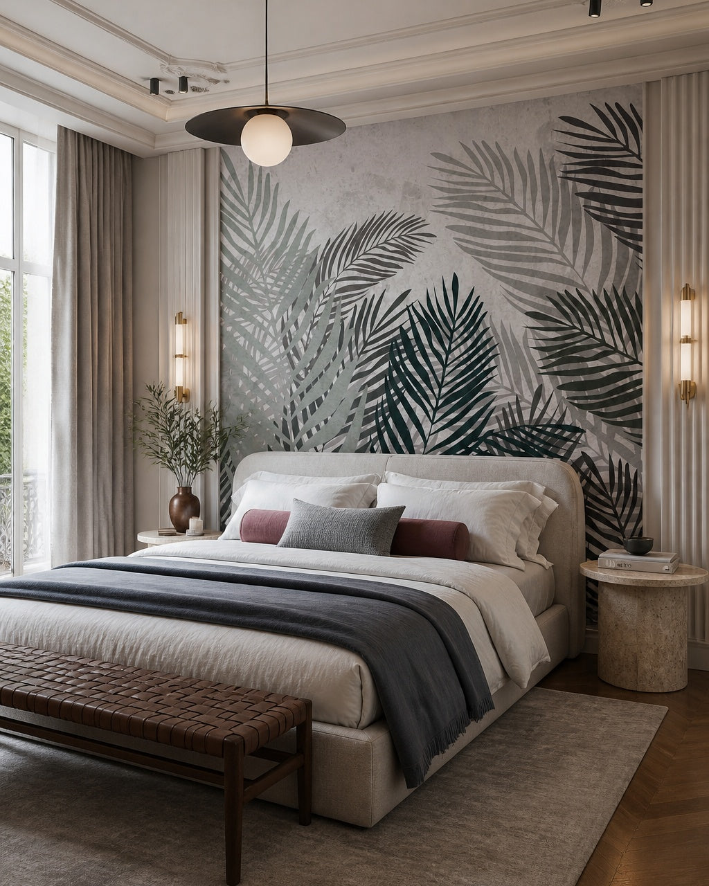 Monochrome palm fronds wallpaper in a designer bedroom.