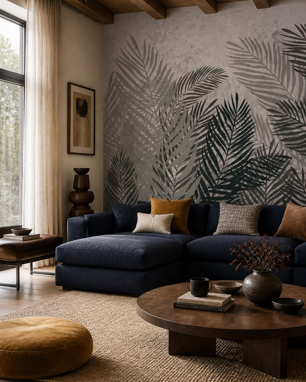 Monochrome palm fronds wallpaper in a designer living room.