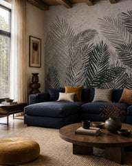 Monochrome palm fronds wallpaper in a designer living room.