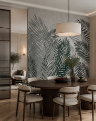 Monochrome palm fronds wallpaper in a refined dining area.
