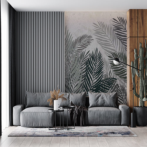 Monochrome Tropical Palm Leaf Wall Mural Dark Fresco Wallpaper